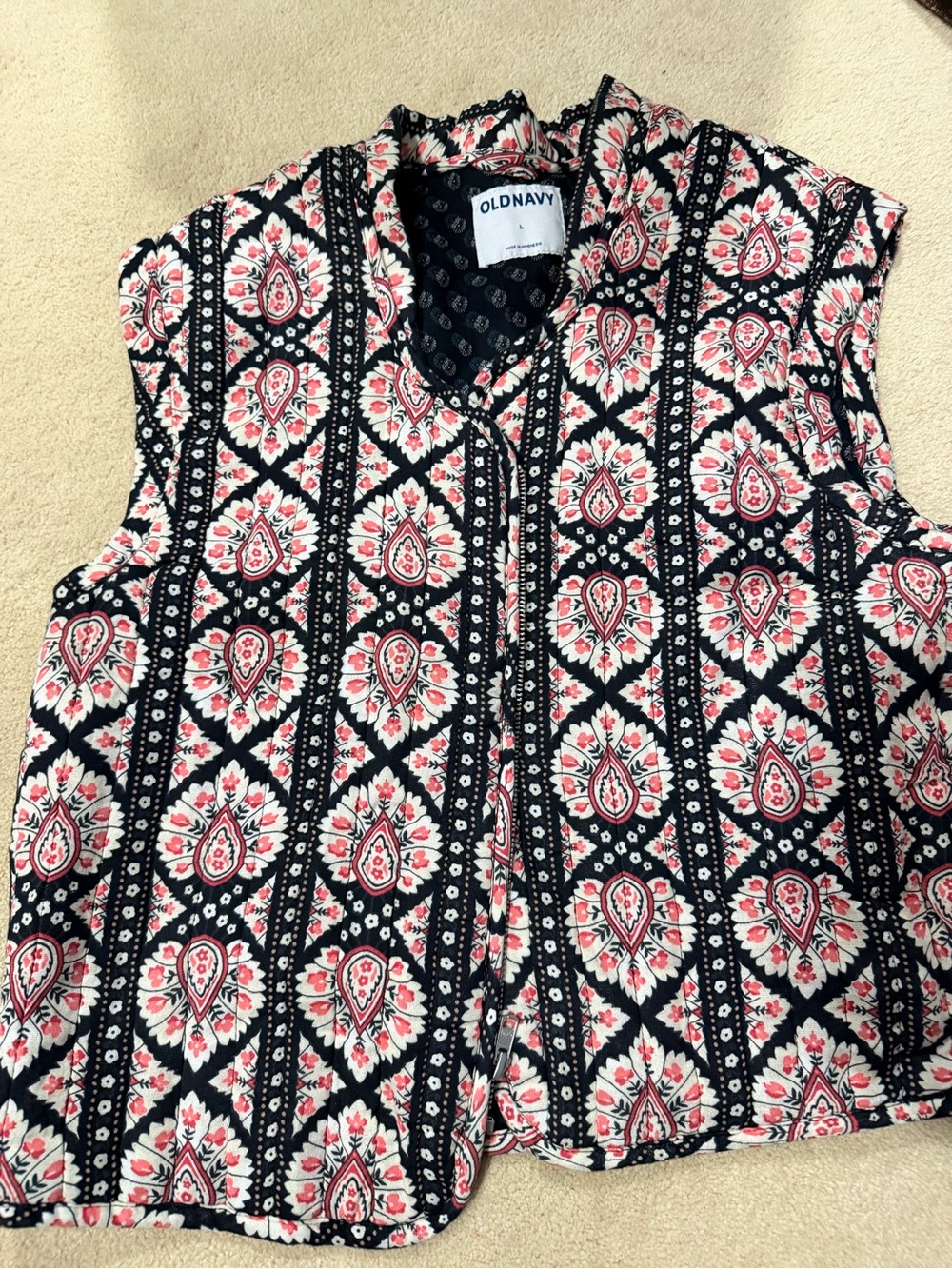 Old Navy Navy and Pink Sleeveless Button-Down Print Top